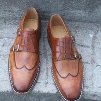 Crafted Leather Handmade Brown Leather Crocodile Alligator Monk Strap Wingtip Dress Shoes - Thumbnail 4