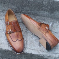 Crafted Leather Handmade Brown Leather Crocodile Alligator Monk Strap Wingtip Dress Shoes - Thumbnail 6