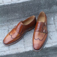 Crafted Leather Handmade Brown Leather Crocodile Alligator Monk Strap Wingtip Dress Shoes - Thumbnail 5