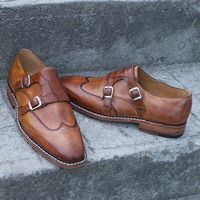 Crafted Leather Handmade Brown Leather Crocodile Alligator Monk Strap Wingtip Dress Shoes - Thumbnail 7