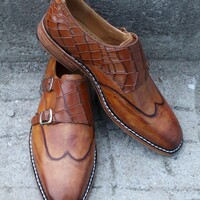Crafted Leather Handmade Brown Leather Crocodile Alligator Monk Strap Wingtip Dress Shoes - Thumbnail 8