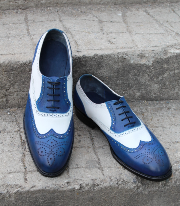 Crafted Leather Bespoke Handmade Men Dress Shoes Blue White Leather Wingtip Oxford