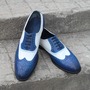Crafted Leather Bespoke Handmade Men Dress Shoes Blue White Leather Wingtip Oxford-1