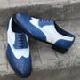 Crafted Leather Bespoke Handmade Men Dress Shoes Blue White Leather Wingtip Oxford-2