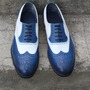 Crafted Leather Bespoke Handmade Men Dress Shoes Blue White Leather Wingtip Oxford-3