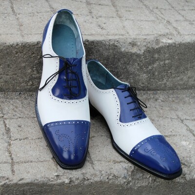 Crafted leather handmade blue white leather oxford lace up dress shoes - Thumbnail 3