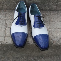 Crafted Leather Handmade Blue White Leather Oxford Lace up Dress Shoes - Thumbnail 1