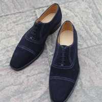 Crafted Leather Handmade Men Classic and Simple Black Suede Oxford Lace up Dress Shoes - Thumbnail 3