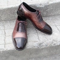 Crafted Leather Handcrafted Classic Black Brown Grain Leather Lace up Dress Shoes - Thumbnail 1