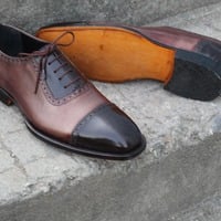 Crafted Leather Handcrafted Classic Black Brown Grain Leather Lace up Dress Shoes - Thumbnail 3