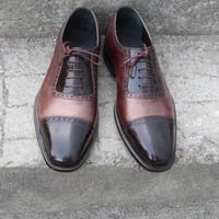 Crafted Leather Handcrafted Classic Black Brown Grain Leather Lace up Dress Shoes - Thumbnail 2