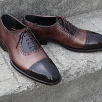 Crafted Leather Handcrafted Classic Black Brown Grain Leather Lace up Dress Shoes - Thumbnail 4