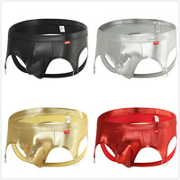 2PK Sexy Gay Mens Underwear Faux Leather Low-rise Cut-out Briefs Underpants MJ2317 - Thumbnail 6