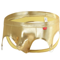 2PK Sexy Gay Mens Underwear Faux Leather Low-rise Cut-out Briefs Underpants MJ2317 - Thumbnail 2