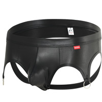 2PK Sexy Gay Mens Underwear Faux Leather Low-rise Cut-out Briefs Underpants MJ2317 - Thumbnail 3