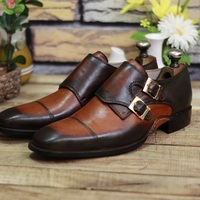 New Men's Handmade Formal Shoes Two Tone Brown Leather Double Buckle Monk dress & Casual Wear Shoes - Thumbnail 2