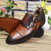 New Men's Handmade Formal Shoes Two Tone Brown Leather Double Buckle Monk dress & Casual Wear Shoes - Thumbnail 1