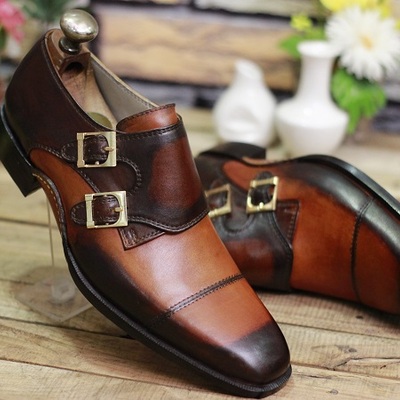New men's handmade formal shoes two tone brown leather double buckle monk dress & casual wear shoes