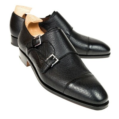 New handmade wingtip double monk strap black peccary men's dress shoes