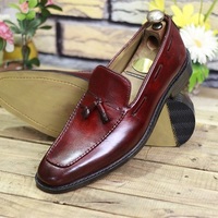 New Men's Handmade Burgundy Leather Teasels Style Loafer Slip On Stylish Loafers Dress & Formal Shoes - Thumbnail 1
