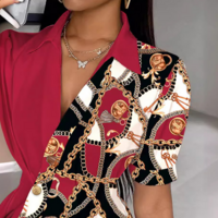 Elegant Red Contrast Print Short Sleeve Top - Thumbnail 2