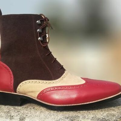 New handmade men's beige brown red lace up boot, men's leather suede wing tip bo