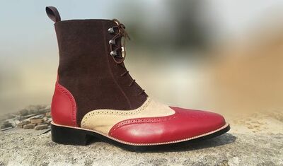 NEW Handmade Men's Beige Brown Red Lace Up boot, Men's Leather Suede Wing Tip Bo