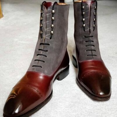 New handmade men's brown gray lace up boot, men's cap toe leather suede boot