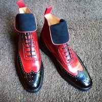 NEW Genuine Black Red Leather Party Wear High Ankle Lace up Handmade Men's Boots - Thumbnail 1