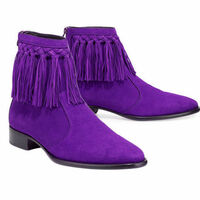 NEW Purple Suede Leather Boot Handmade Men's Cow Boy Ankle High Fringe Boots 201 - Thumbnail 4