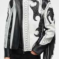 Handmade Men Black White Leather Jacket, Men Fringe Studded Western wear Jacket - Thumbnail 4
