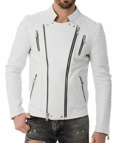NEW Handmade New Men Genuine Lambskin Leather Whiter Jacket, Biker Motorcycle Ja