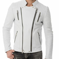 NEW Handmade New Men Genuine Lambskin Leather Whiter Jacket, Biker Motorcycle Ja - Thumbnail 4