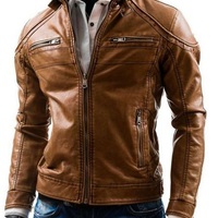 New Handmade Men's Genuine Brown Fashionable Biker Jacket, Stylish Motorcycle Ja - Thumbnail 1