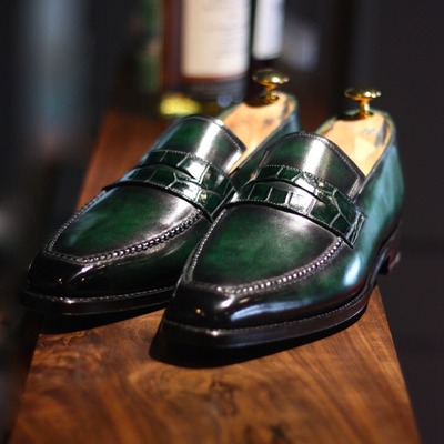 Handmade streeling look green patina loafers shoes for men's