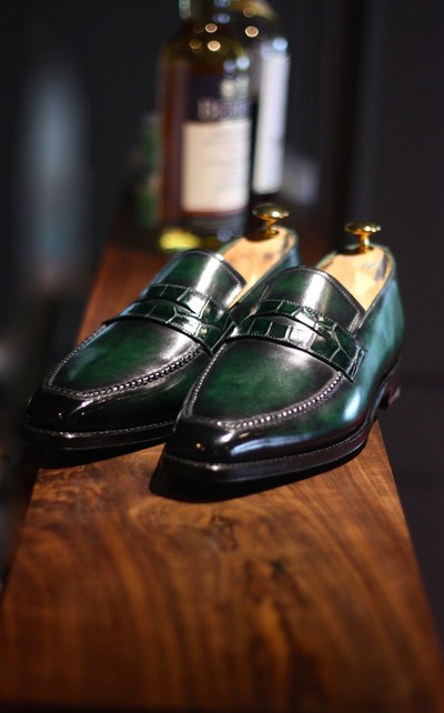 Handmade Streeling Look Green Patina Loafers Shoes For Men's