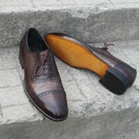 Crafted Leather Handmade Men New Fashion Fish Pattern Genuine Leather Dress Shoes - Thumbnail 1