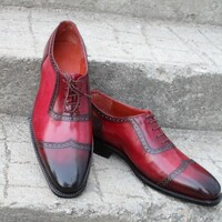 Crafted Leather Handmade Burgundy Patina Leather Wingtip Oxford Lace up Dress Shoes - Thumbnail 1
