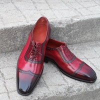 Crafted Leather Handmade Burgundy Patina Leather Wingtip Oxford Lace up Dress Shoes - Thumbnail 3