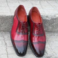Crafted Leather Handmade Burgundy Patina Leather Wingtip Oxford Lace up Dress Shoes - Thumbnail 4