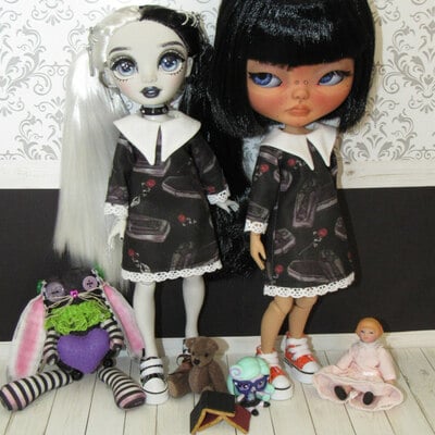 Coffin roses wednesday style dress for blythe, pullip, rainbow high, 1/6 fashion dolls