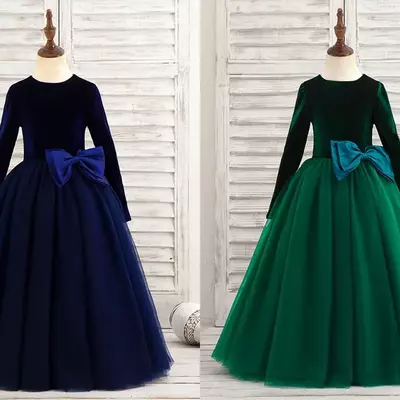 Long sleeve flower girls dresses jewel neck ball gown velvet tulle big bows for wedding baby first communion dress - Thumbnail 1