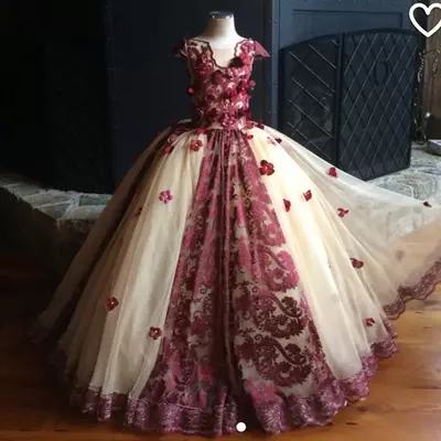 Wine and champagne ball gown flower girl dresses hand made flowers pearls lace tiered girls pageant dress teens party dress toddlers - Thumbnail 1