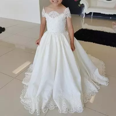 Off shoulder short sleeve flower girl dresses lace beaded applique first holy communion dress girls pageant dresses party kids teens - Thumbnail 2