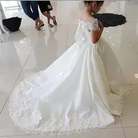 Off Shoulder Short Sleeve Flower Girl Dresses Lace Beaded Applique First Holy Communion Dress Girls Pageant Dresses Party Kids Teens - Thumbnail 1