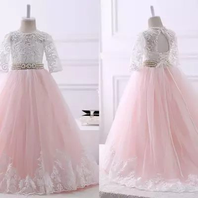  blush pink with ivory lace a line flower girls dress cheap long pearls ribbon keyhole back lace up tulle first communion dress - Thumbnail 2