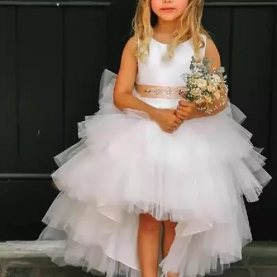 Tiered skirts girls dress wedding wear formal dress white tulle jewel neck sleeveless sashed high low flower girls' dresses - Thumbnail 1