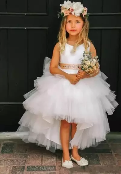Tiered Skirts Girls Dress Wedding Wear Formal Dress White Tulle Jewel Neck Sleeveless Sashed High Low Flower Girls' Dresses