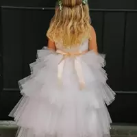 Tiered Skirts Girls Dress Wedding Wear Formal Dress White Tulle Jewel Neck Sleeveless Sashed High Low Flower Girls' Dresses - Thumbnail 1