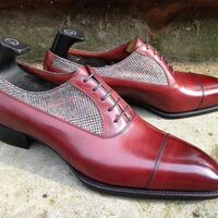 New Two Tone Maroon Red Cont Tweed Burnished Cap Toe Black Sole Leather Laceup S - Thumbnail 4